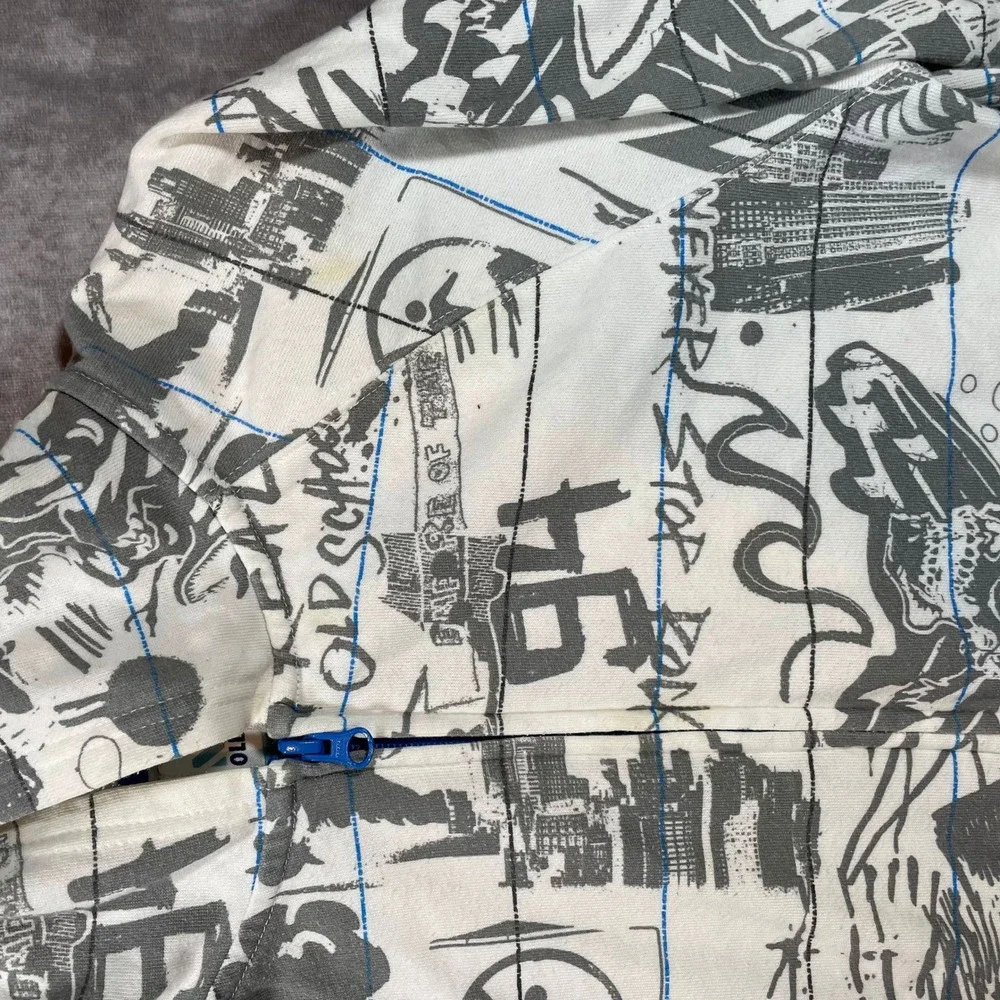 Y2K Old Navy Boys Large Graffiti Sketchbook Zip Up Hoodie White Grey Skate Skul